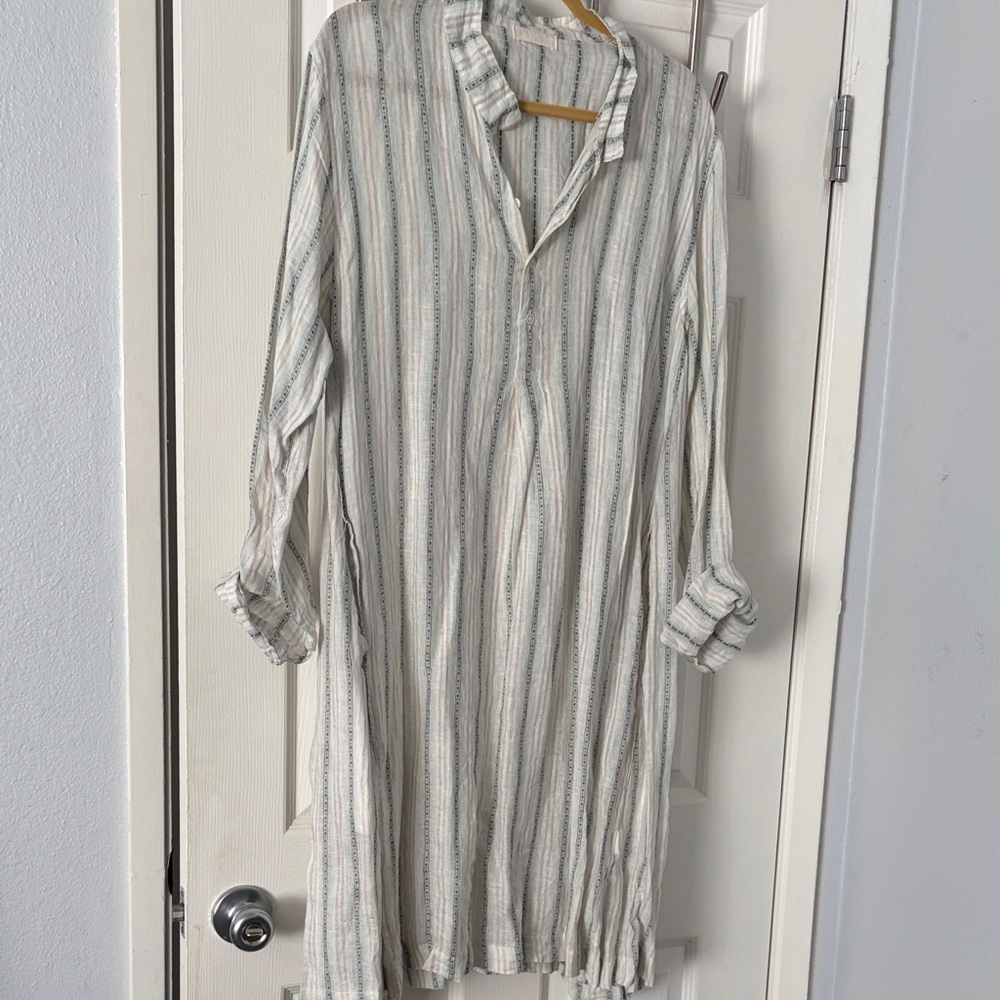 CP Shades Neutral Stripe Midi Dress with Lavender & Olive Accents